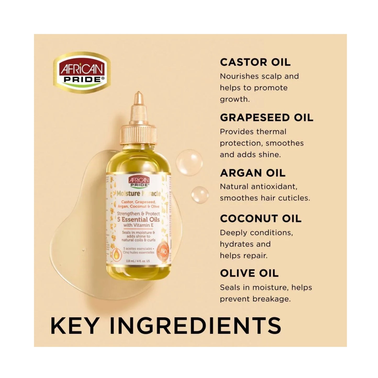 AFRICAN PRIDE Moisture Miracle Castor, Grapeseed, Argan, Coconut & Olive 5 Essential Oils, 4oz